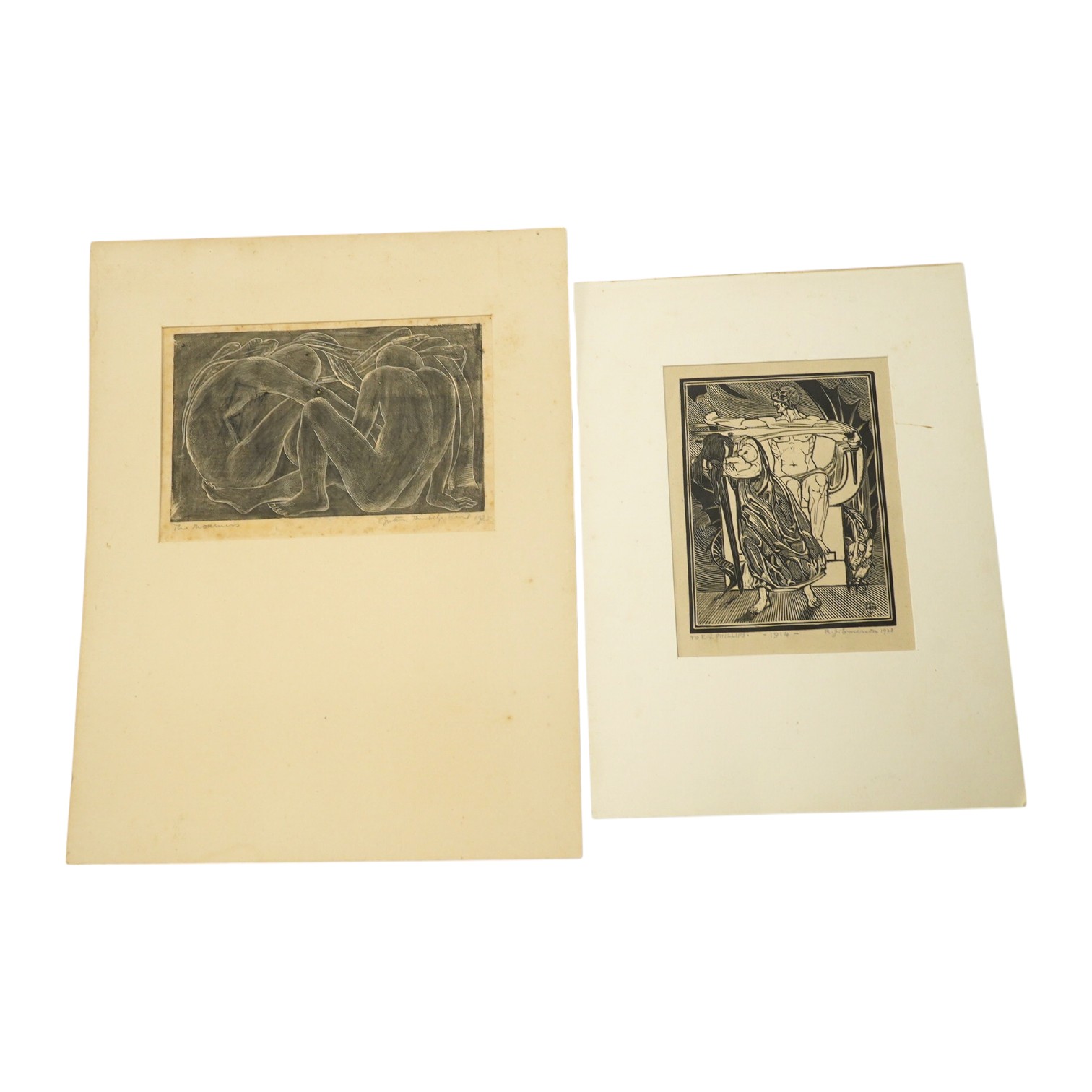 Two 20th century woodcuts / block prints, comprising Cynthia Thimbley Kent and Ralph W Emerson, each signed and dated 1925 and 1928, mounted, largest 15.5 x 11cm, unframed. Condition - one fair, one poor